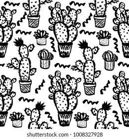 Cactus hand drawn illustration. Vector seamless pattern