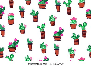 Cactus hand drawn illustration for your design: wallpapers, textile. Seamless pattern 