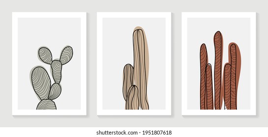 cactus hand drawn line art background vector. Natural warm earth tone wall art. vector illustration.