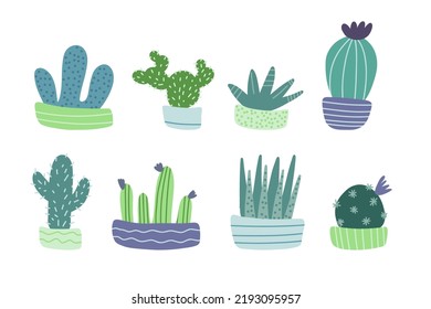 Cactus. Hand drawn prickly cactus cacti plant with thorns pot. Hand-drawn doodle desert tropical cactus with spines and flowers. Colored flat cartoon vector illustration isolated on white background.