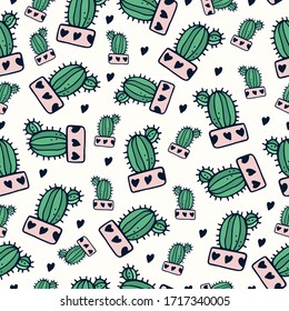 Cactus Hand drawn Seamless pattern set. Vector illustration in doodle color style. Background for posters, textiles, wallpaper.