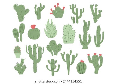 Cactus hand drawn set isolation on white background. Mexican cacti and aloe. Exotic various plants collection Vector flat illustration