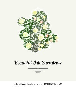 Cactus hand drawn succulent vector isolated illustration. Modern ink succulent plant logo, icon, poster, banner, postcard. Minimalistic floral illustration floristry shop. Beautiful succulent plant.