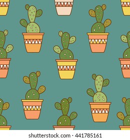 Cactus hand drawn vector. Big collection of cactus, sketch objects. Colorful seamless pattern with houseplants