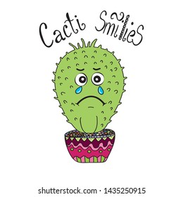 Cactus, a hand drawn vector illustration of a sad cactus