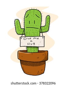 Cactus, a hand drawn vector illustration of a sad cactus which is ironically asking for a hug (nobody wants to hug a cactus, you know..)