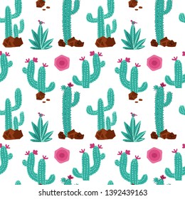 Cactus hand drawn vector seamless pattern. Hand drawn seamless repeat background with succulent plants, stones and sun in mint and pink color. Perfect for fabric,textile
