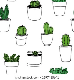 Cactus hand drawn vector seamless pattern, plant collection, houseplant illustration isolated on white background