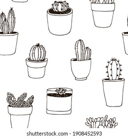Cactus hand drawn vector seamless pattern, plant collection, houseplant illustration isolated on white background