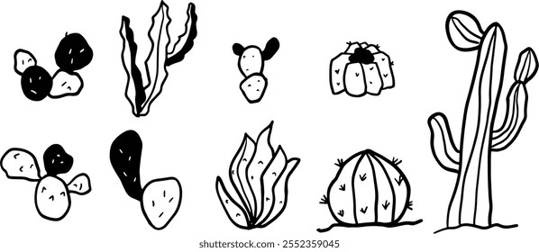 Conjunto Desenhado À Mão De Cacto | Vetor de doodle minimalista para projetos de deserto e botânico