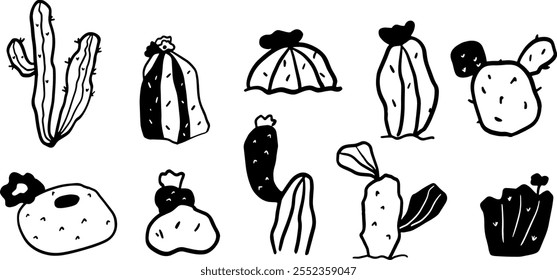 Cactus Hand-Drawn Set | Minimalist Doodle Vector for Desert and Botanical Designs