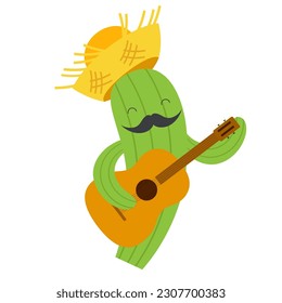 Cactus with hat and guitar. Vector illustration in flat style.