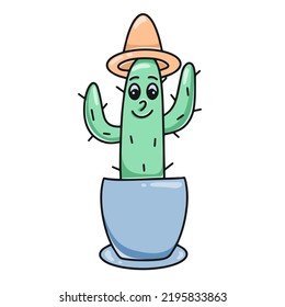 Cactus in hat isolated vector illustration. Flower prickly character in pot clipart. Cute hand drawn cactus cartoon