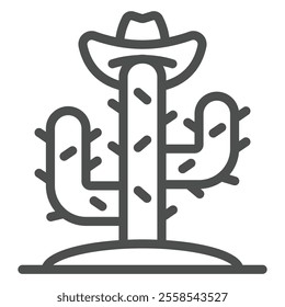 Cactus with hat line icon, west desert concept. Vector graphics. Dry water sponge plant sign on white background, outline style icon for mobile or web design