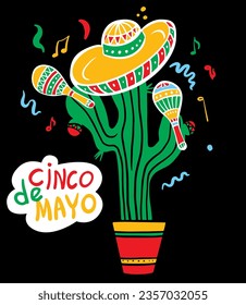 Cactus with hat,  maracas. Cinco de mayo poster. Mexican party, mexico latin fiesta decorative invitation. Spanish festival symbol vector cards, poster design