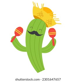Cactus in a hat and maracas. Vector illustration in flat style