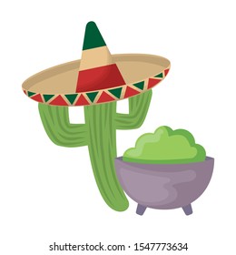 cactus with hat mexican and guacamole vector illustration design