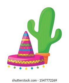 cactus with hat mexican traditional vector illustration design