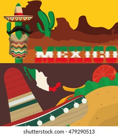 Cactus hat mustache map and taco. Mexico landmark and mexican culture theme. Colorful design. Vector illustration