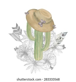 Cactus in a hat on a floral background. Print for textiles and packaging
