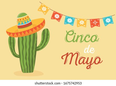 cactus with hat pennants decoration cinco de mayo mexican celebration vector illustration