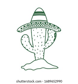 Cactus with hat in sand.  Cinco de mayo mexican celebration vector illustration line style icon