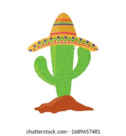 Cactus with hat in sand.  Cinco de Mayo mexican celebration vector illustration, flat style icon.