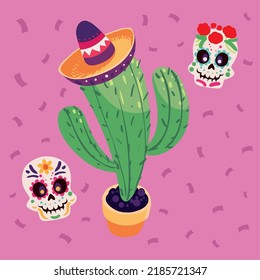 cactus with hat and skulls mexico