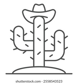 Cactus with hat thin line icon, west desert concept. Vector graphics. Dry water sponge plant sign on white background, outline style icon for mobile or web design