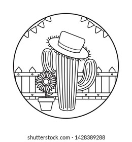 cactus with hat wicker and sunflower in frame circular