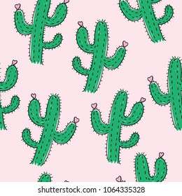 Cactus with heart shape drawing seamless endless repeating pattern texture / Vector illustration design for fashion fabrics, textile graphics, prints, wallpapers and other uses.