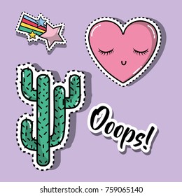 cactus with heart and star fashion patches design