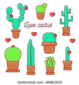 Cactus with hearts, botany set in pots. Cute line art design. 