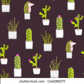 Cactus Hedgehog Hiding Dark Seamless Pattern. Cactus succulents and Hedgehog cute background print pattern.