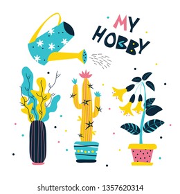 cactus, hobby, set, bloom, darling, clipart, cartoon, watering can, illustration, cute, isolated, art, happy, funny, holiday, drawing, bailer, tropics, exotic, africa, mexico, india, group, home
