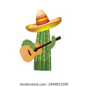 cactus holds guitar in hands with Mexican hat vector illustration on white isolated for Mexican festival poster