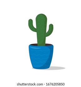 Cactus. Home plant in a blue pot with waves. Flat cartoon style vector illustration.