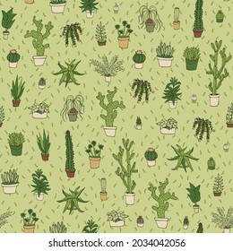 Cactus home plants seamless vector pattern