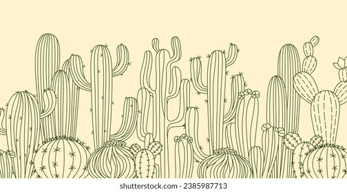 Cactus horizontal poster or background. Botanical doodle ornament succulent desert plants. Exotic western mexico linear cacti. Trendy cartoon outline pattern with cactus vector illustration isolated