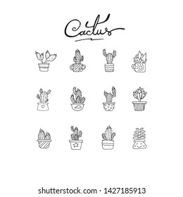 Cactus house plant outline vector drawing illustration set collection. Different cacti in a different pot hand drawn silhouette logo decoration. Letters typography text with simple symbol inside.