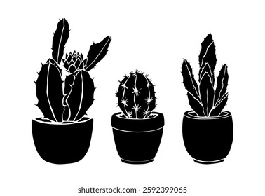 Cactus house plants silhouettes set. Different succulent potted indoor plants black monochrome vector illustrations isolated on white background