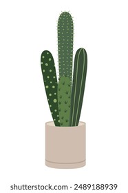 Cactus houseplant in flower pot. Green Indoor potted plant in flowerpot. Trendy office and home plant for interior decoration. Flat vector flower illustration isolated on a white background.