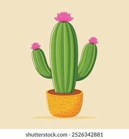 Cactus houseplant in flower pot. cactus with pink flowers potted in a flowerpot. Trendy office and home plant for interior decoration. Flat vector flower illustration