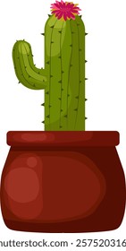  Cactus houseplant in flower pot. Succulent Prickly Spine Cactus with flower. Green Indoor potted plant in flowerpot. Trendy office and home plant for interior decoration. Vector illustratation