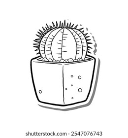 Cactus Houseplant Outline on white silhouette and gray shadow. Hand drawn cartoon style. illustration for decorate, coloring and any design.