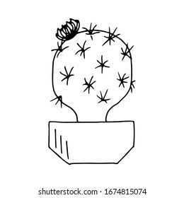 Cactus. Houseplant in a pot. Linear vector drawing. Decorative element, poster. Children's coloring book.