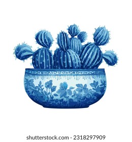 cactus houseplant in pot watercolor detailed illustration
