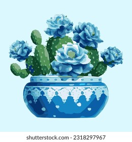 cactus houseplant in pot watercolor detailed illustration