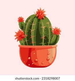 cactus houseplant in pot watercolor detailed illustration