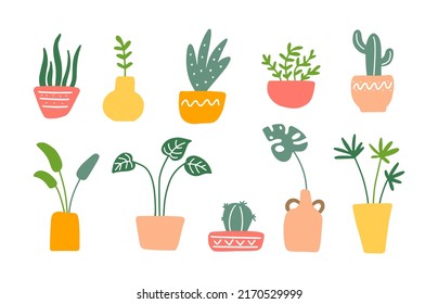 Cactus y el conjunto de la planta. Colección de flores verdes en coloridas macetas. Ilustración vectorial dibujada a mano sobre un fondo blanco.